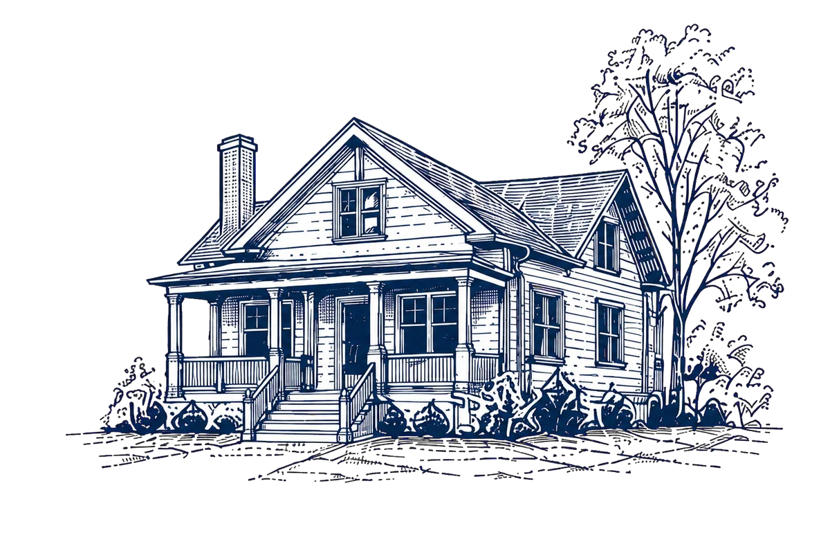 Detailed blue line illustration of an older house with a front porch and mature tree